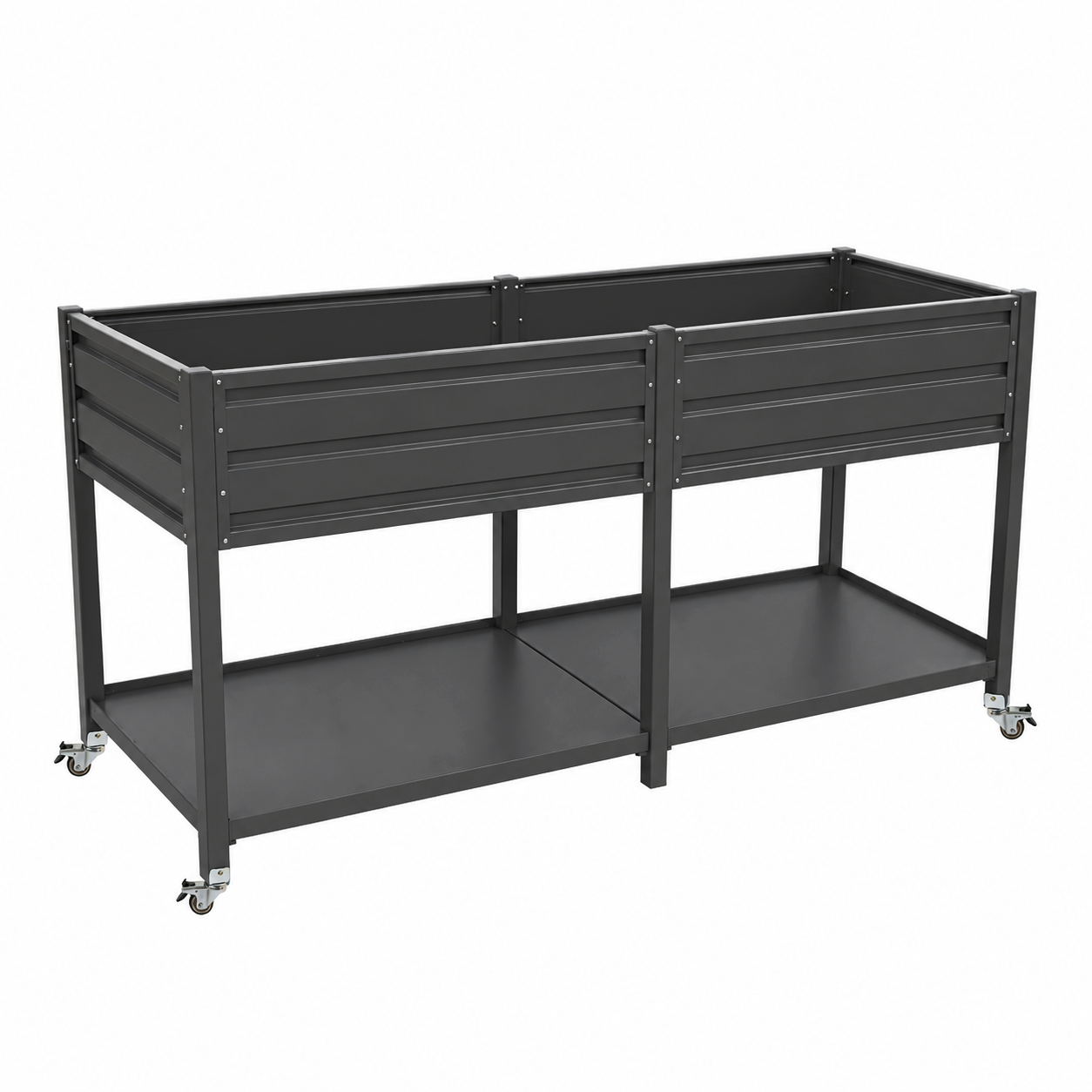 Dual Tier Elevated Metal Raised Garden Bed with Lockable Wheels & Lower Storage Shelf