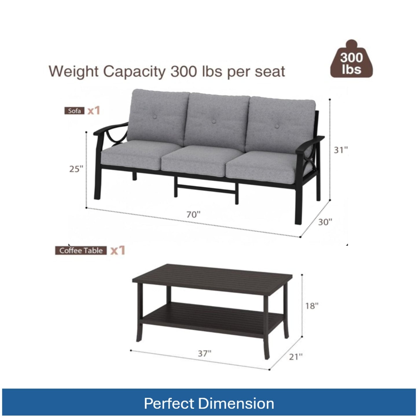 Patio Furniture Set with Coffee Table and Cushions for Backyard