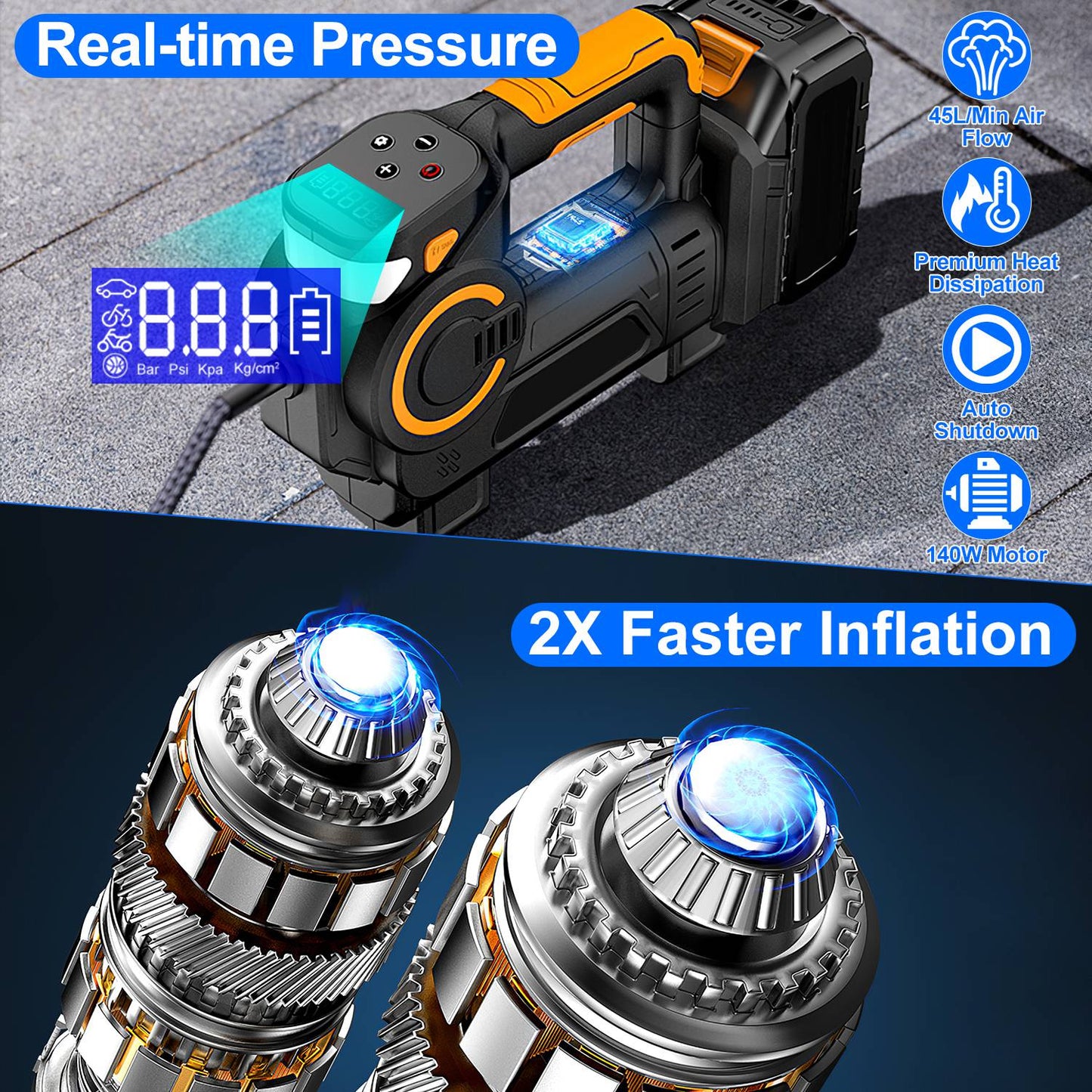 140W 150PSI 21V Battery Powered Tire Inflator Cordless Air Pump  Digital Air Compressor with LED Light for Cars Motorcycles Bicycles Balls