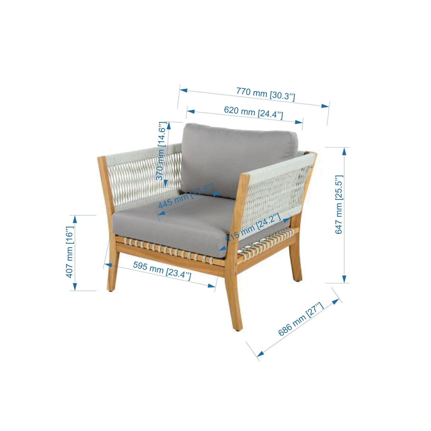 30.3" Outdoor Acacia Wood Patio Chair with Woven Rope Accents