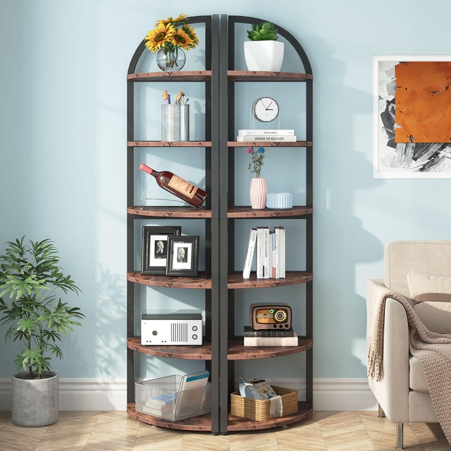 Tall 6 Tier Corner Shelf, Freestanding Bookshelf For Living Room - Rustic Brown
