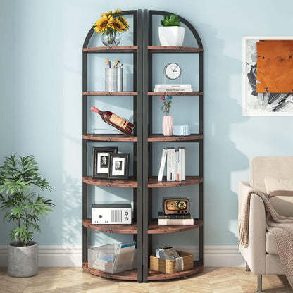Tall 6 Tier Corner Shelf, Freestanding Bookshelf For Living Room - Rustic Brown