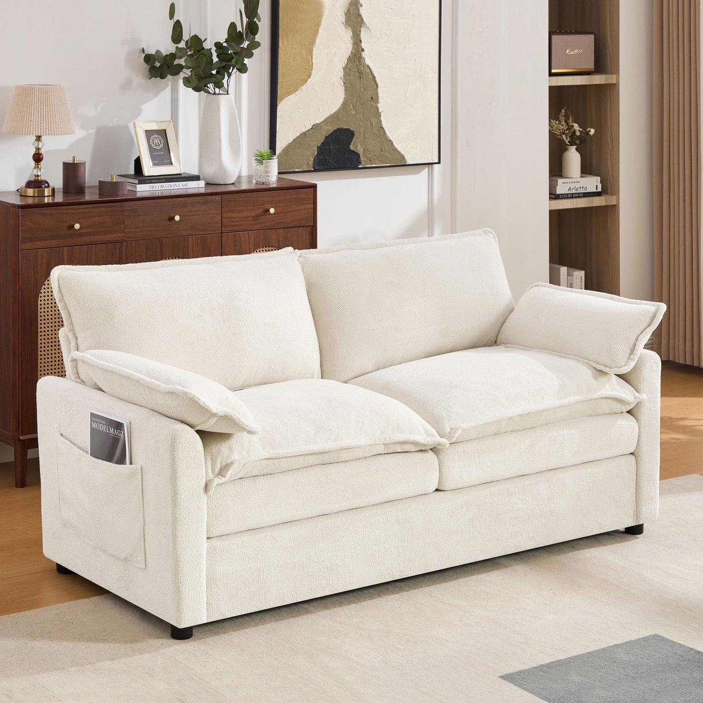 Modern Loveseat Sofa, Upholstered Couch With Side Storage Pockets