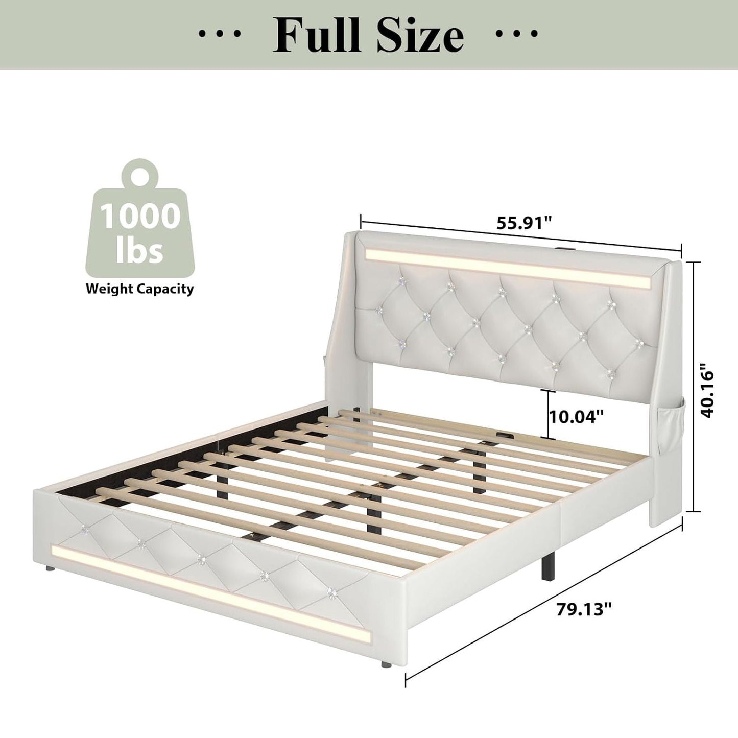 Wingback Upholstered Bed Frame With LED Lights, Charging Station
