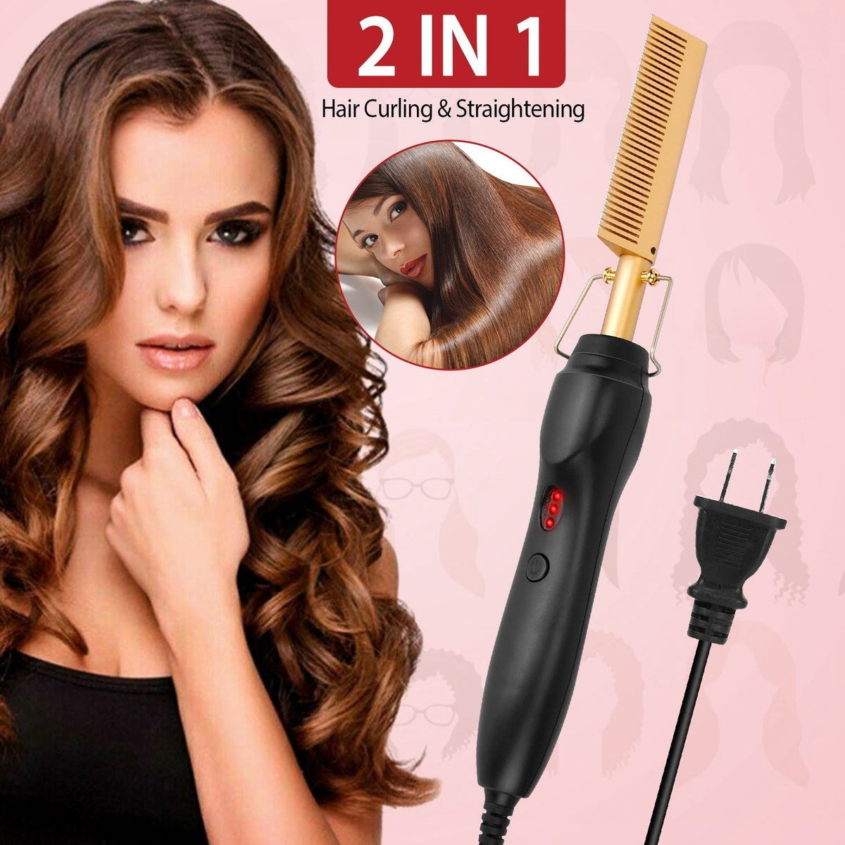 Electric Heating Hair Comb PTC Ceramic Hair Straightener Curler Brush Hair Straight Styler Wet Dry Use w/ 3 Temperature Adjustment