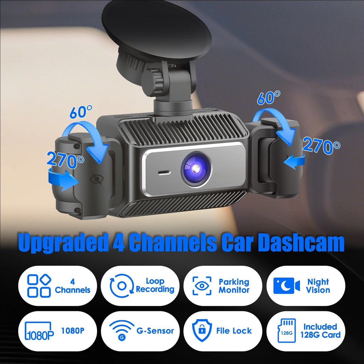 4-Channel Car Dash Cam | 1080P Front, Side/Rear Views, Night Vision & Parking Monitor
