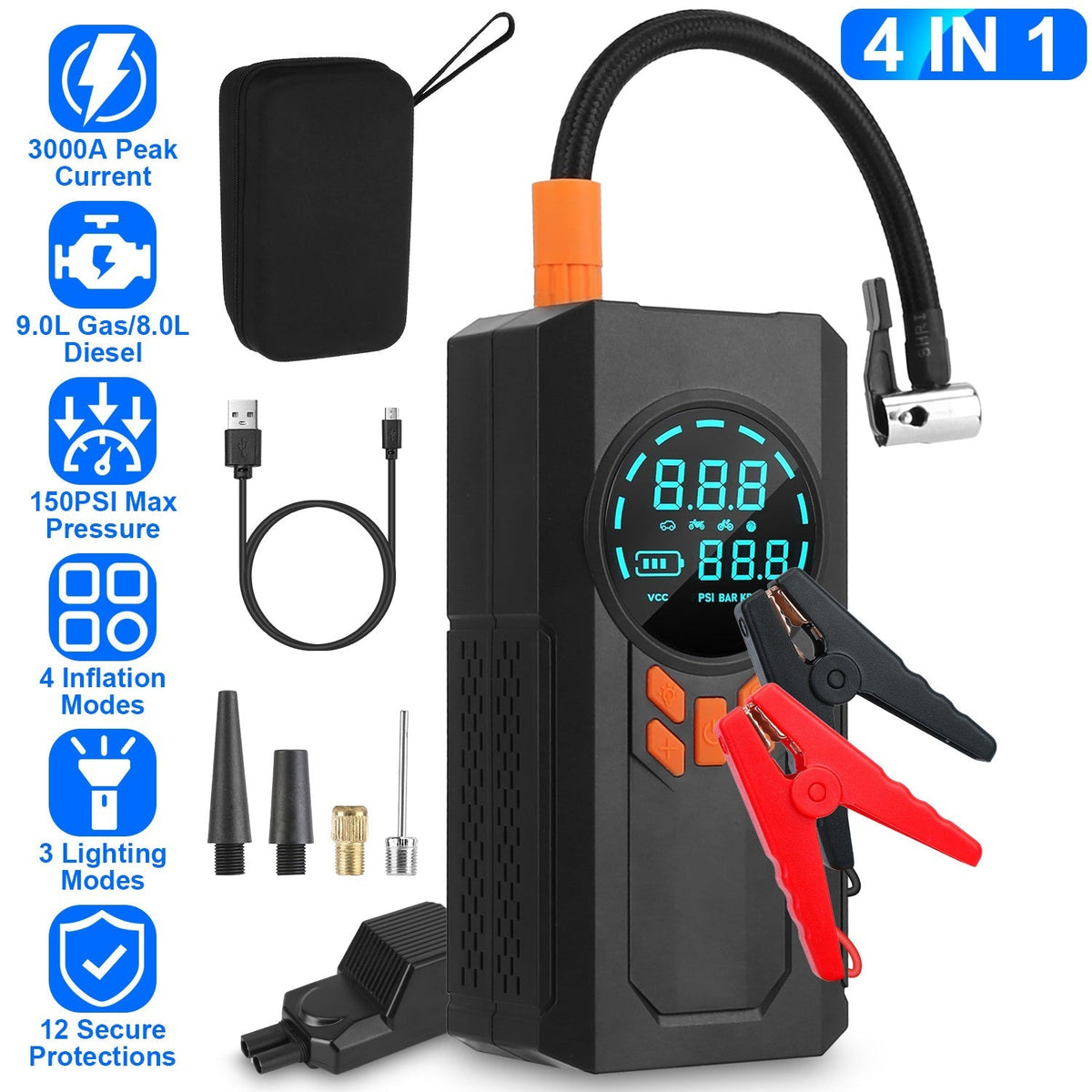 3000A 150PSI 12V Portable Jump Starter with Air Compressor 9.0L Gas/8.0L Diesel Jumper Box with 3 Light Modes Power Bank LCD Display