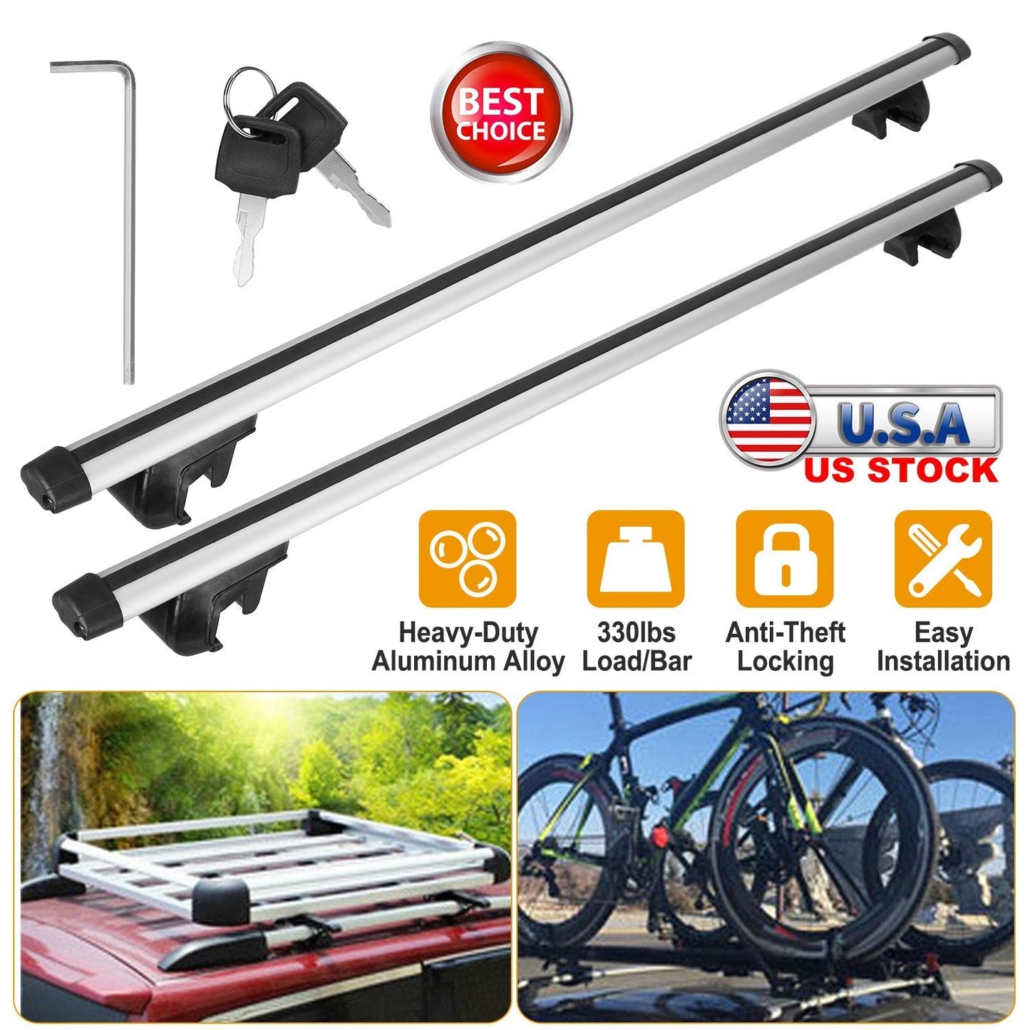 2Pcs Car Roof Top Crossbar Rack Aluminum Alloy Luggage Carrier Rack 330lbs Max Load w/Lock Fit Most Cars SUVs