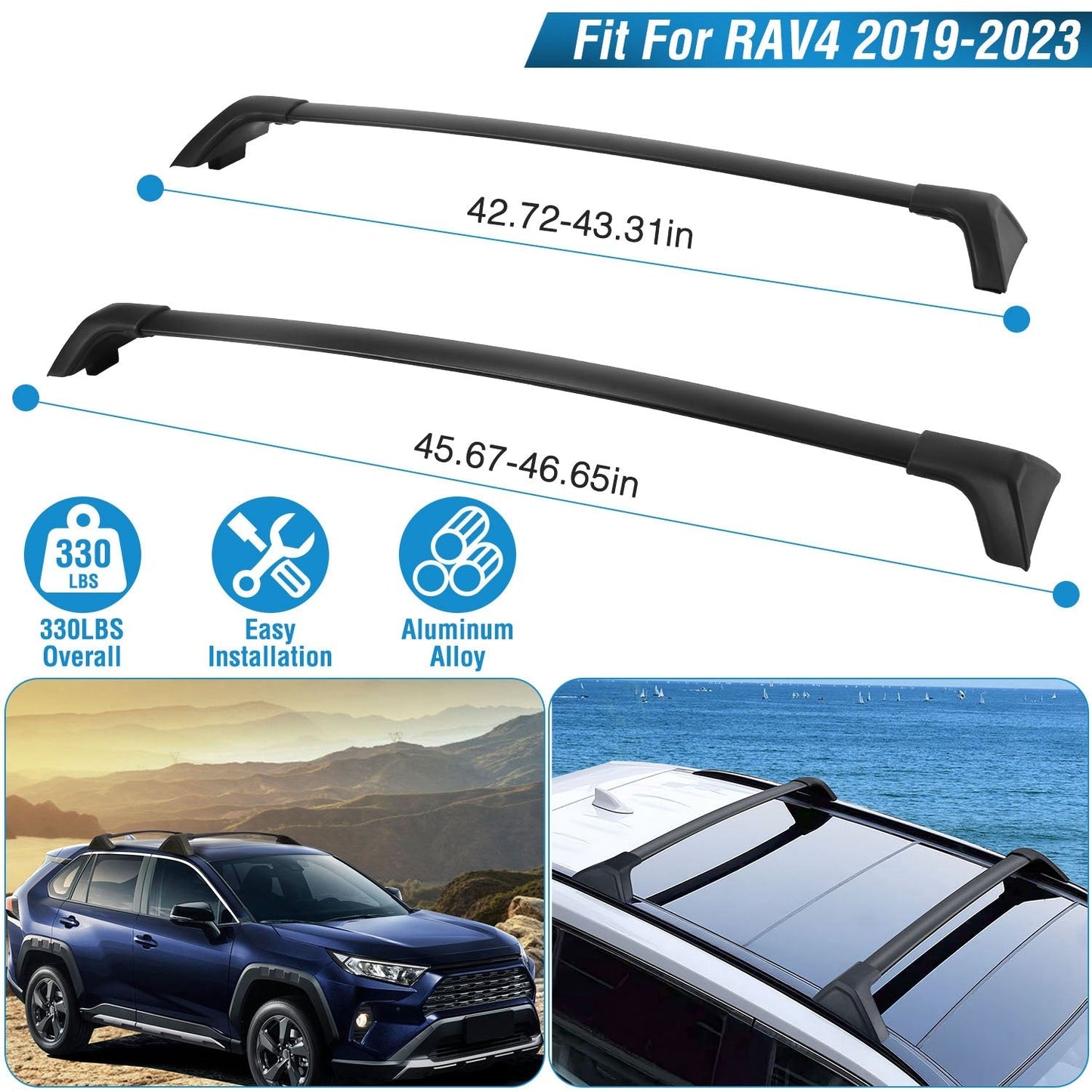 Car Roof Rack Cross Bars Aluminum Alloy Cargo Carrier Rooftop Crossbars Fit for Toyota RAV4 2019-2024 with Side Rails for Cargo Carrier Bag Kayak Bike