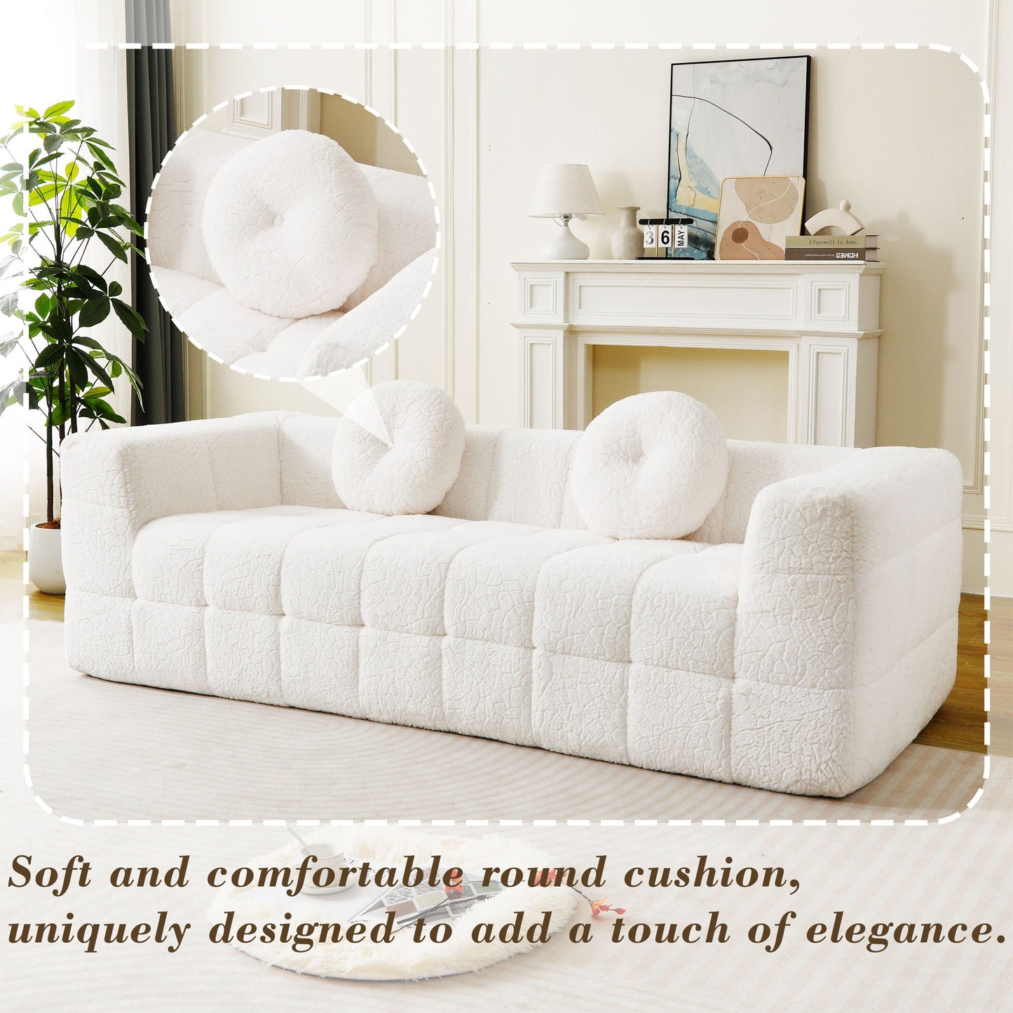 Boneless 3 Seater Sofa With Circular Throw Pillows - Beige