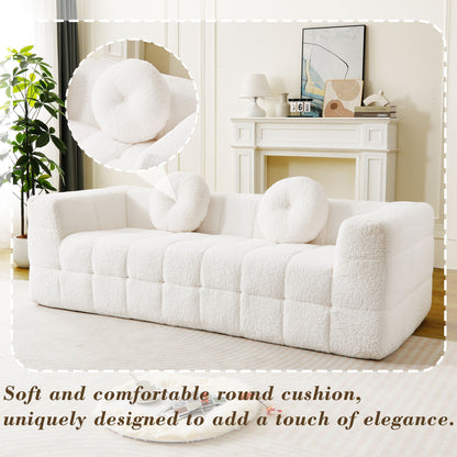 Boneless 3 Seater Sofa With Circular Throw Pillows - Beige