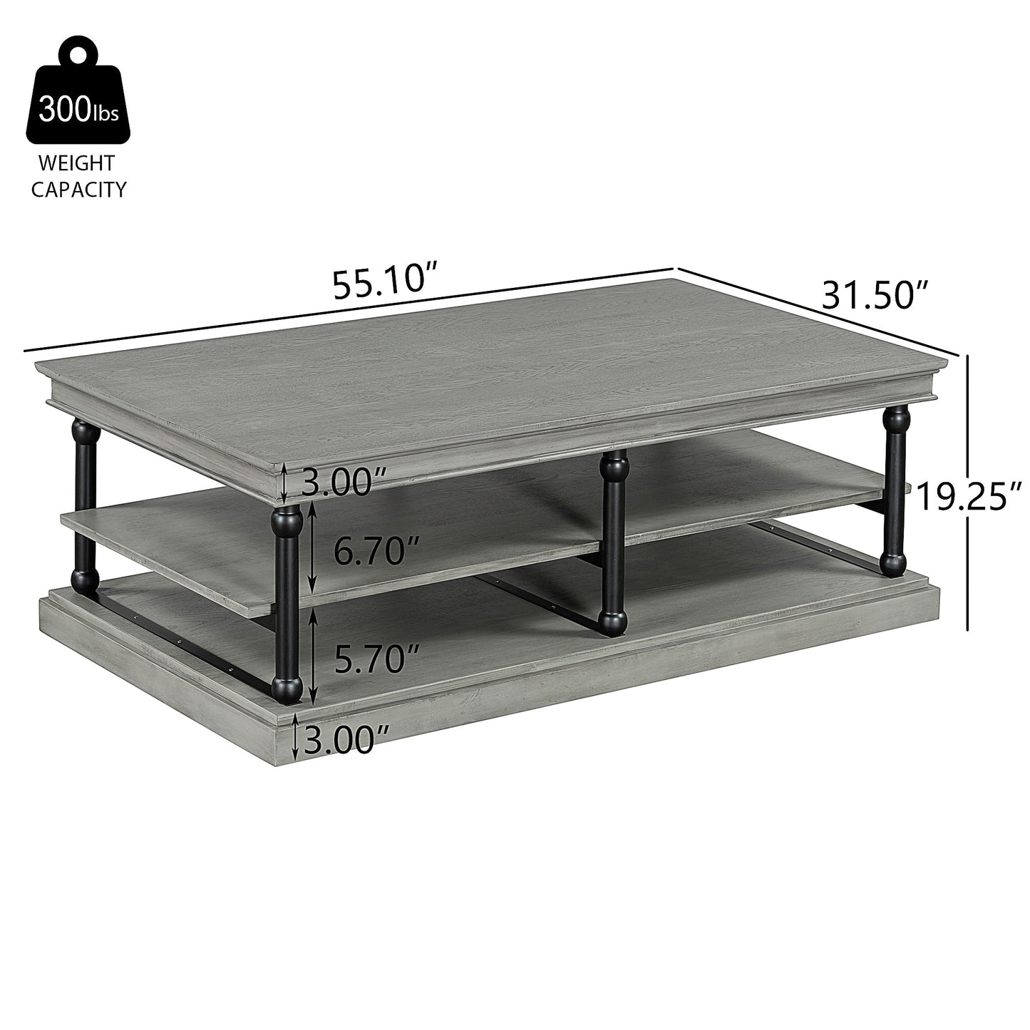 55.1" Wood Coffee Table with Storage Shelves