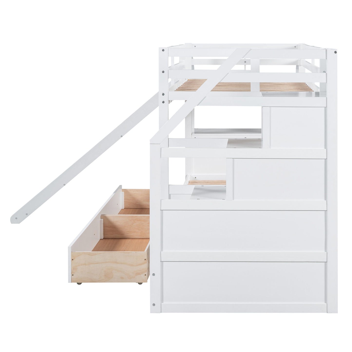 Bunk Bed With Storage Staircase, Slide, Desk, Drawers, And Shelves