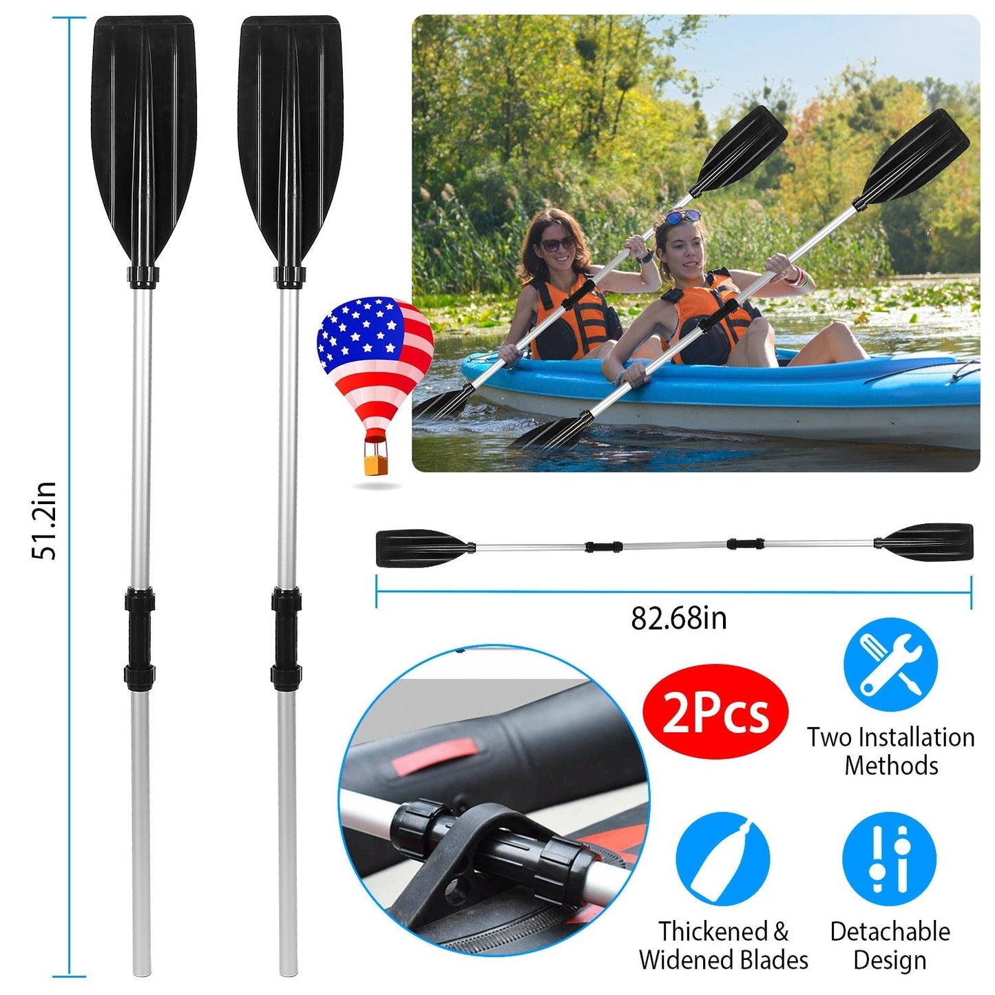 2Pcs Kayak Paddles Aluminum Alloy Detachable Canoe Paddle Boat Oars for Kayaking Boating Oar Fishing