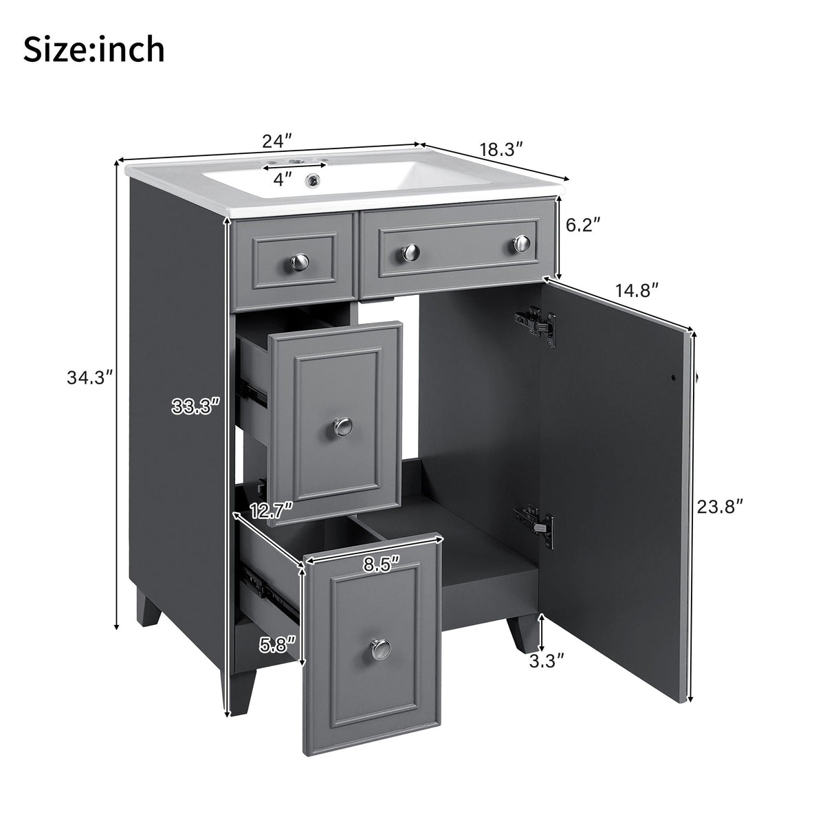 Transitional Style Bathroom Vanity Cabinet With Ceramic Sink