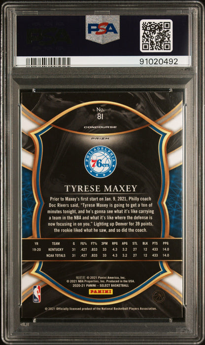 Graded 2020 Panini Select Tyrese Maxey #81 Red/White/Green Cracked Ice Rookie RC Basketball Card PSA 10 Gem Mint