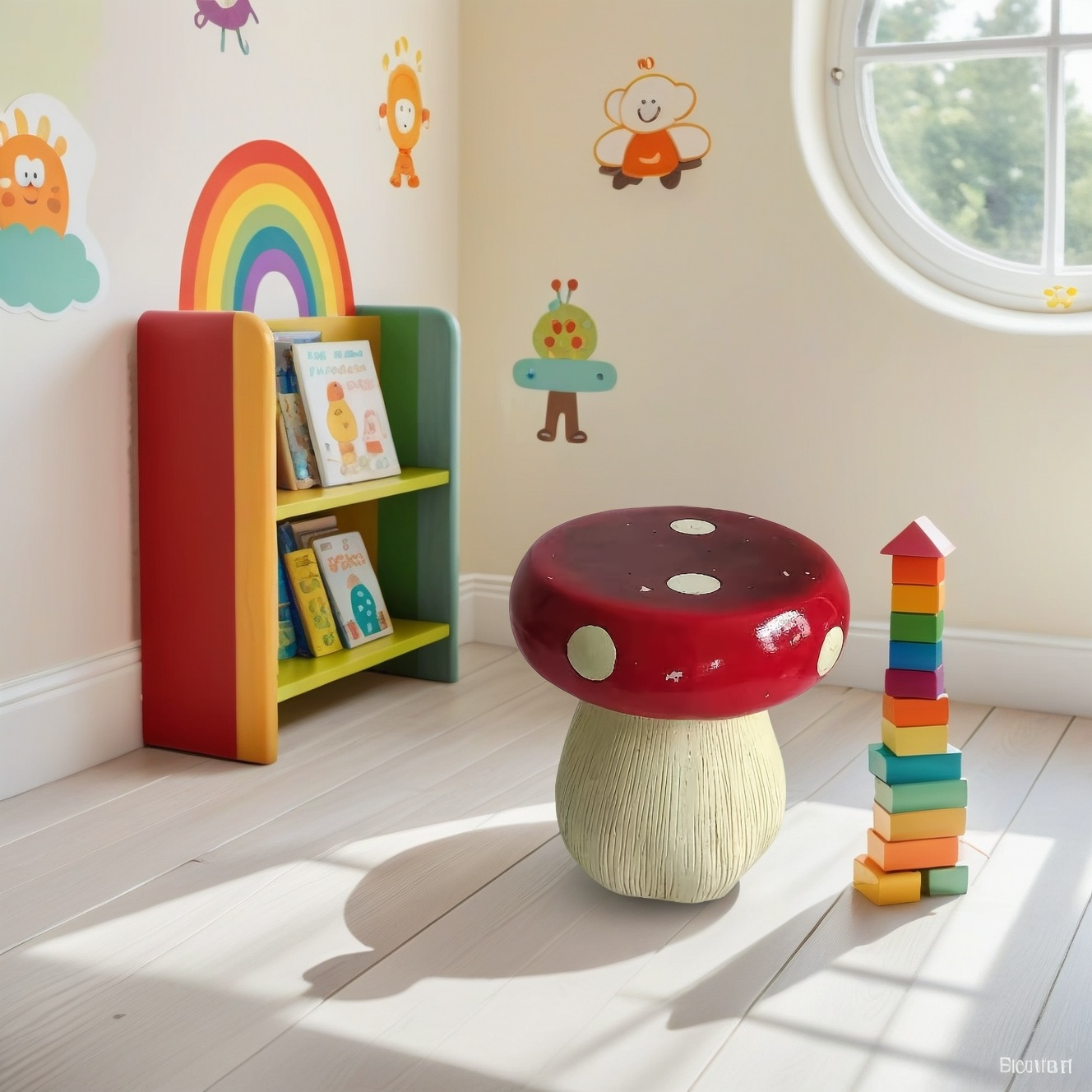 13.8" Oversized Mushroom Statue Stool with Forest Base