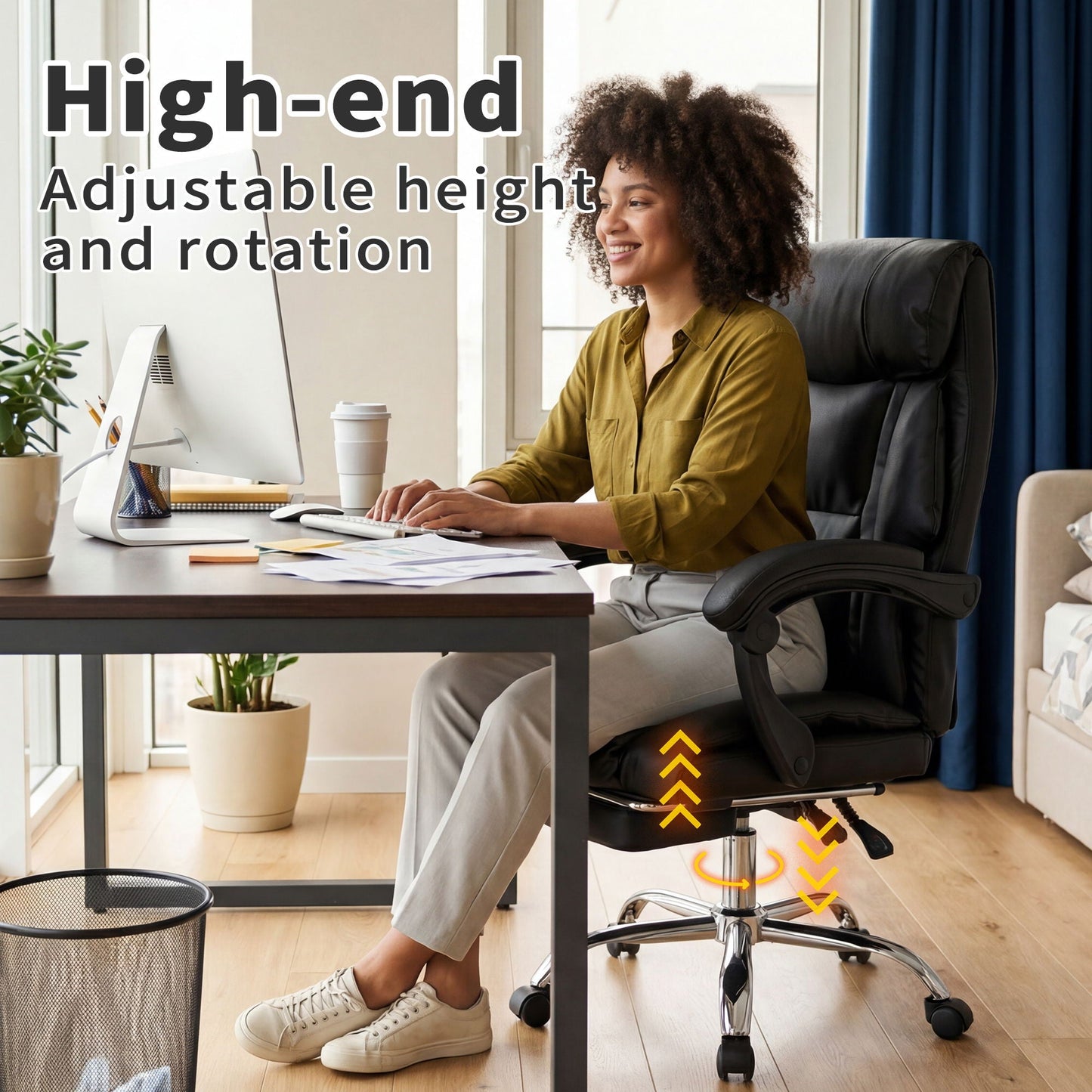 Executive Office Chair With Foot Rest, Adjustable Height - Black