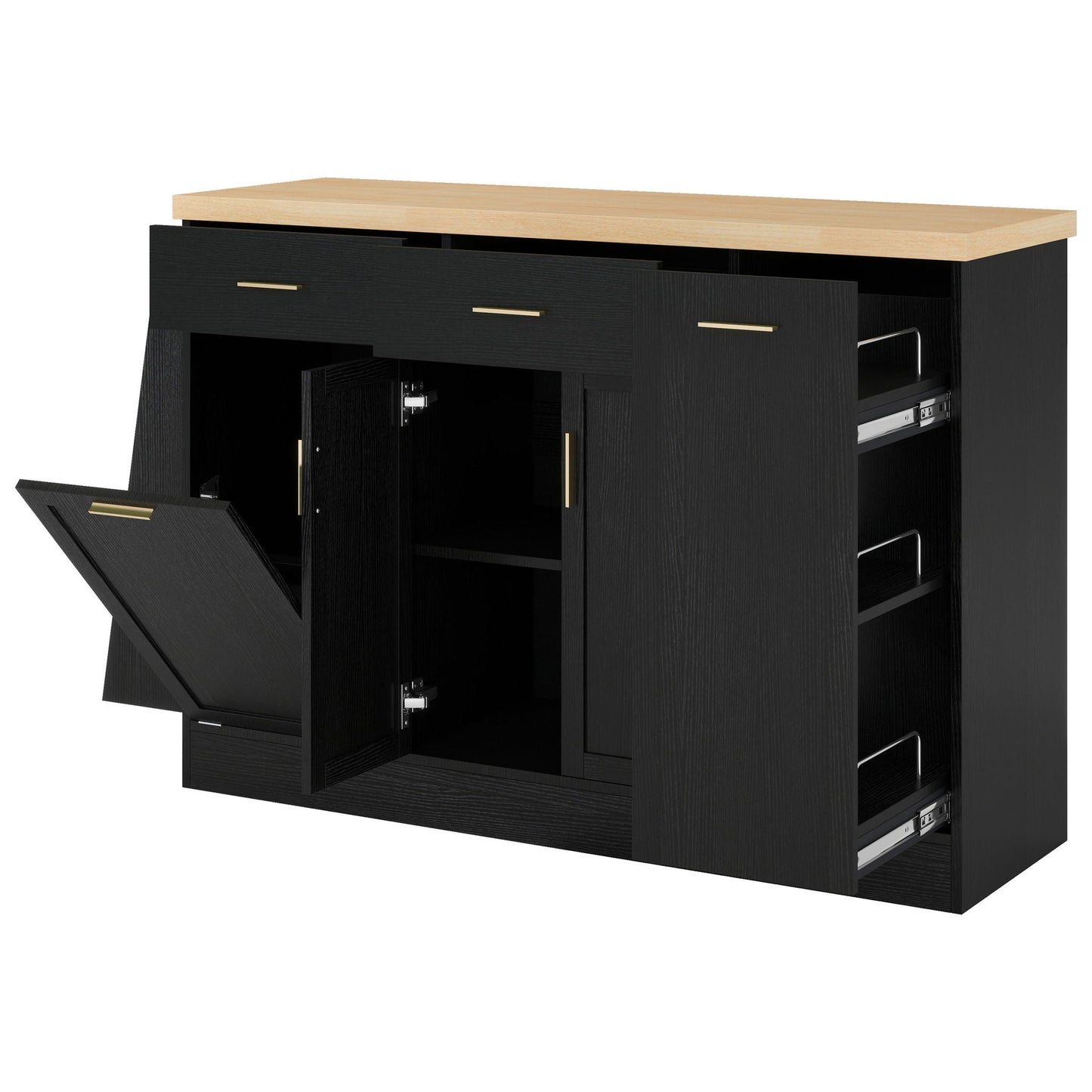 Kitchen Sideboard With Sliding Door Cabinet, 3 Tier Spice Rack