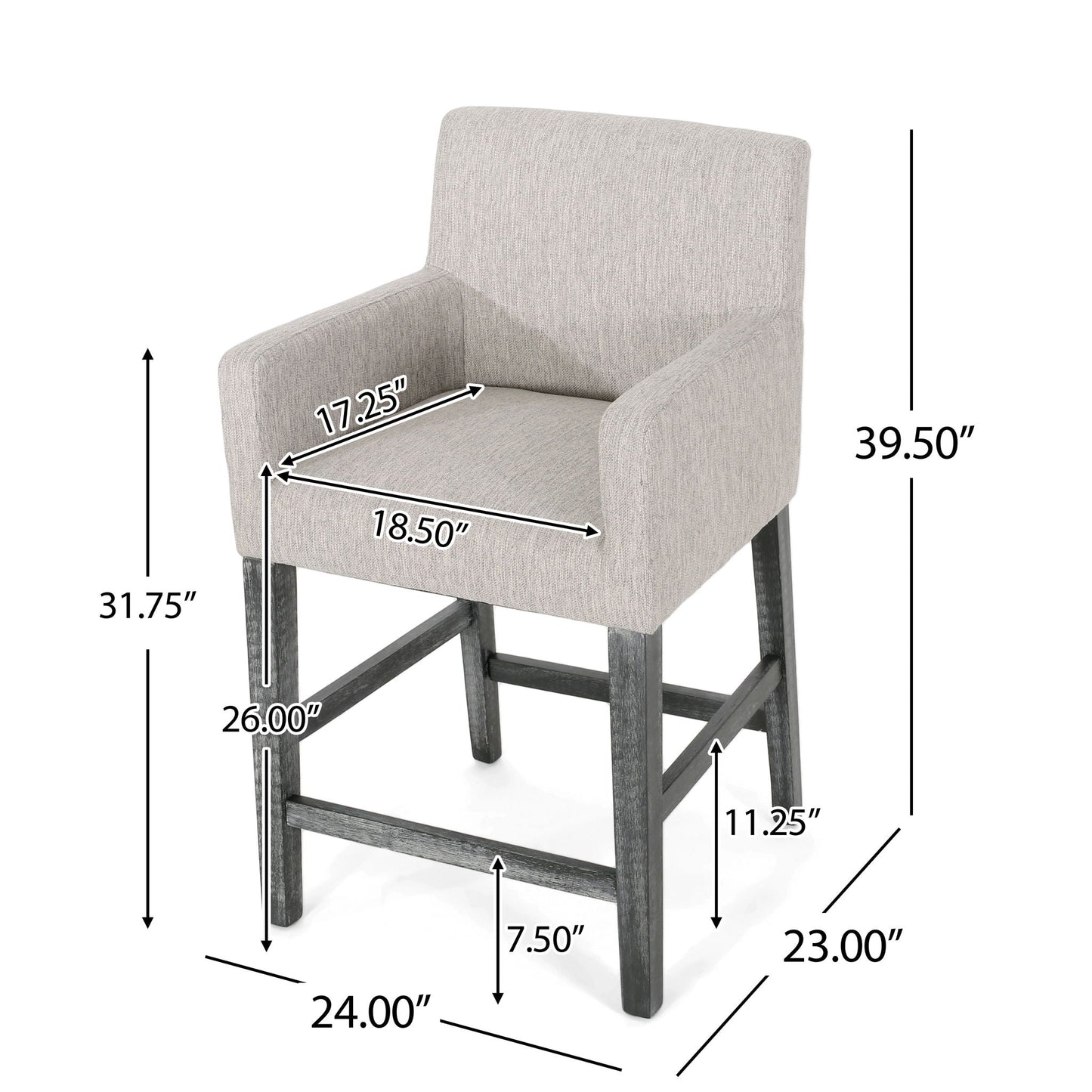 Charmed Upholstered Counter Stool with H-Frame Base and Round Arms