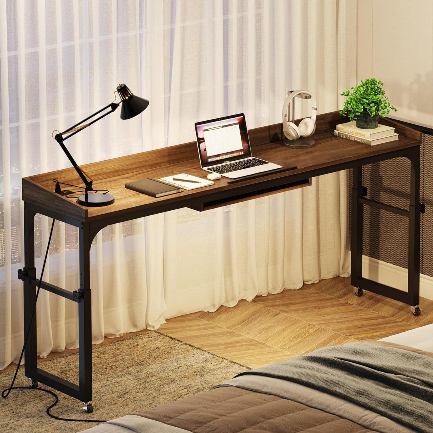 Adjustable Overbed Table With Wheels, Queen Size Mobile Desk - Dark Gray