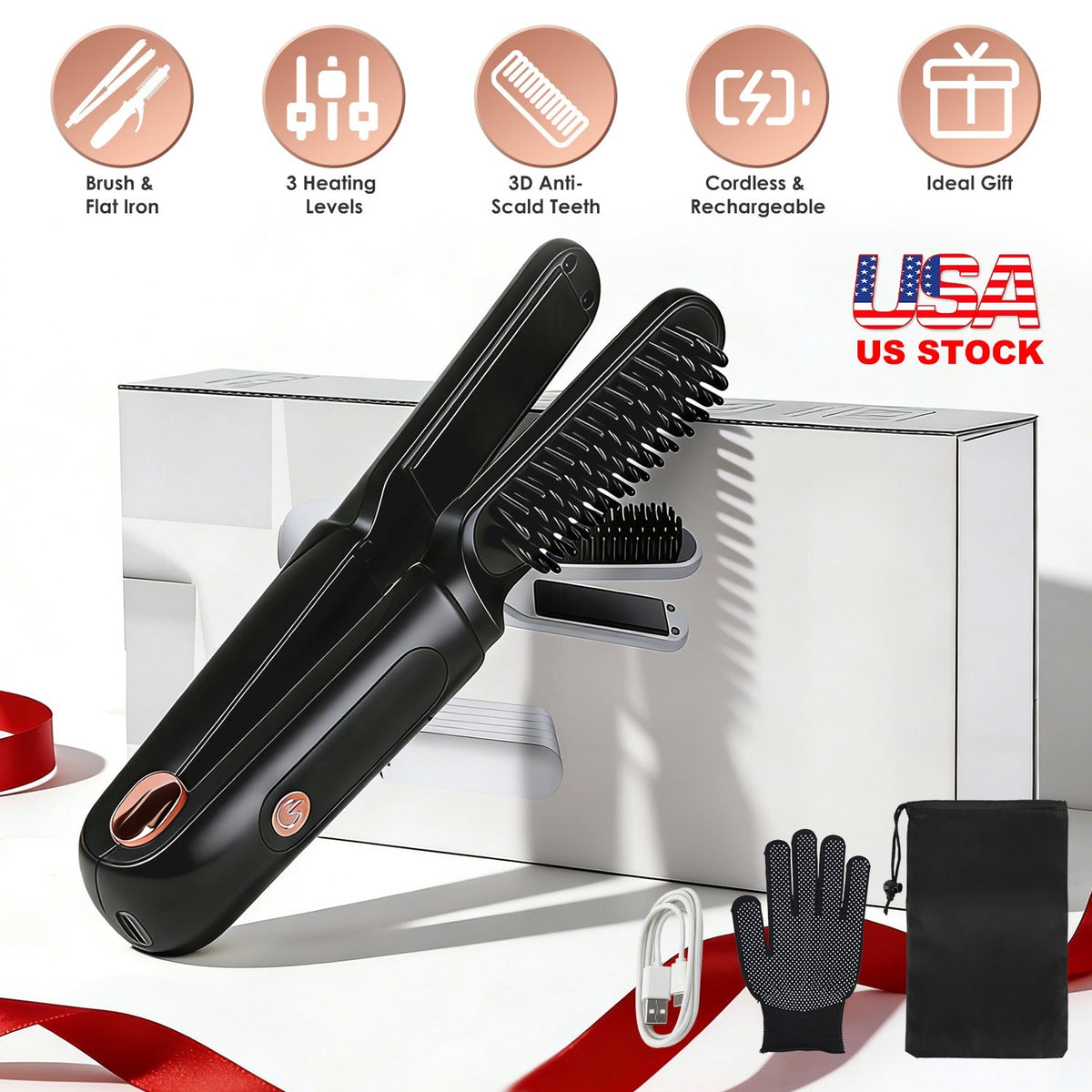 Cordless Hair Straightener Brush 2-in-1 Ceramic Flat Iron