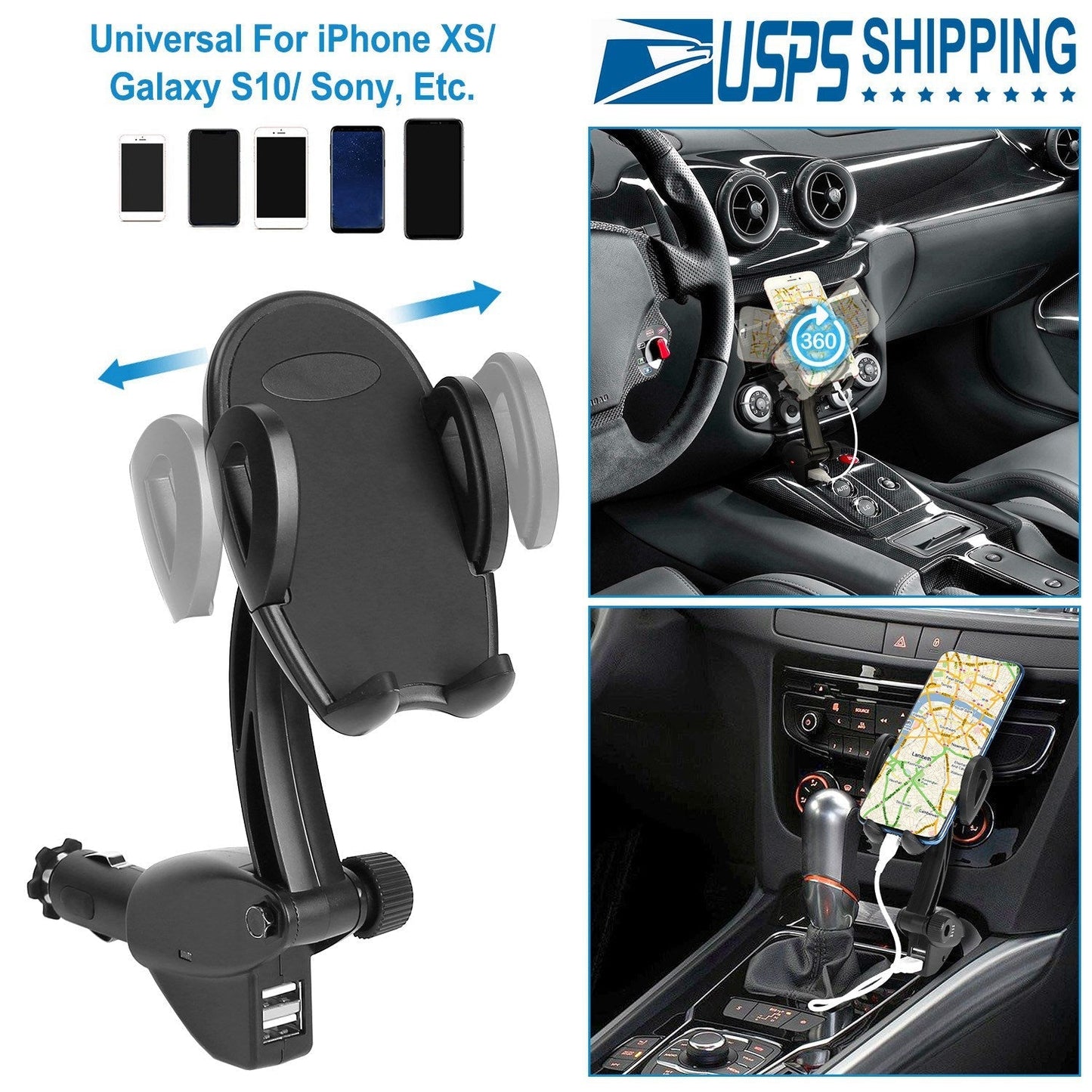 360¡ Rotation Car Phone Mount 3.1A Dual USB Cigarette Lighter Phone Holder Universal