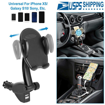 360¡ Rotation Car Phone Mount 3.1A Dual USB Cigarette Lighter Phone Holder Universal
