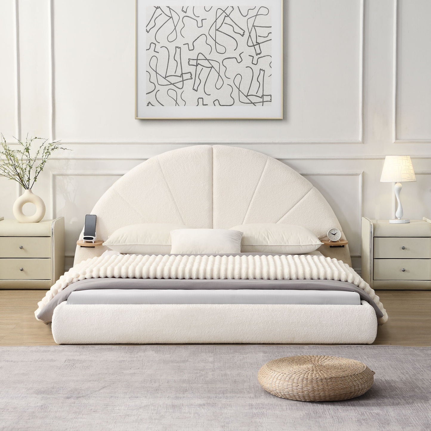 Queen Arched Bed With Small Table, Floor Standing Design - Beige