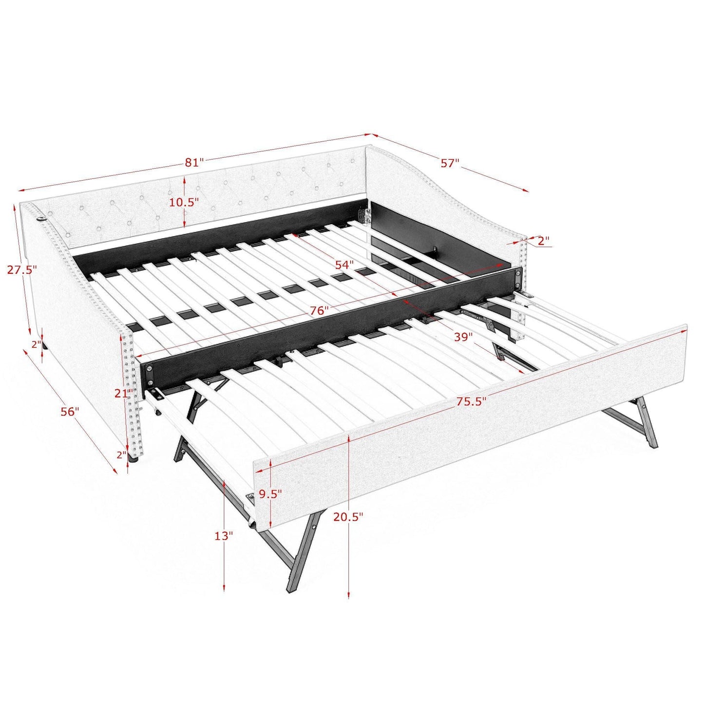 Upholstered Daybed With USB Charging & Pull Out Bed