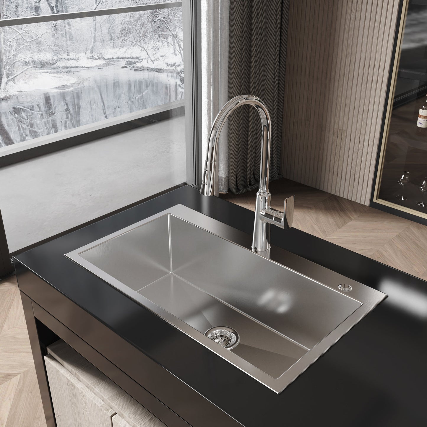 Stainless Steel Kitchen Sink, 32"x19" Single Bowl, Overmount Handmade Brushed Nickel