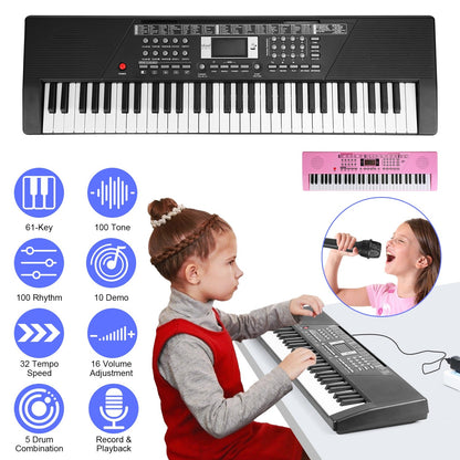 61 Keys Digital Music Keyboard Electric Piano Electronic Musical Instrument Kids Learning Keyboard with Microphone for 3-12 Year Old Kids Girls Boys