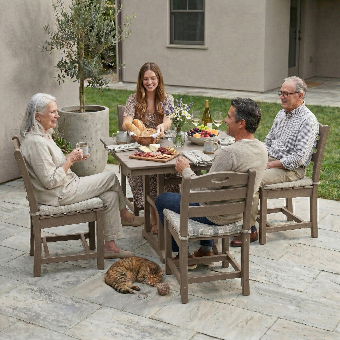 Antique Wood Color HDPE 5-Piece Outdoor Patio Dining Set with Square Table and 4 Armless Chairs, Umbrella Hole