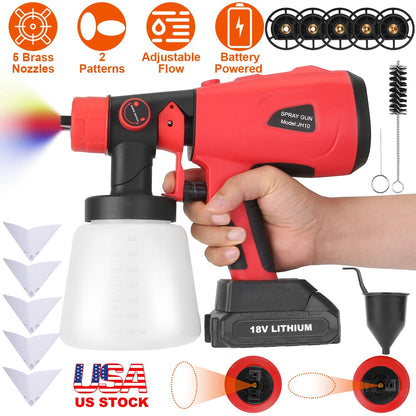 Portable Battery Powered ElectricÊPaint SprayerÊHVLP Spray Painting Gun Handheld Painter with 2 Spray Patterns 5 Nozzles 800ML Detachable Cup Flow Adj