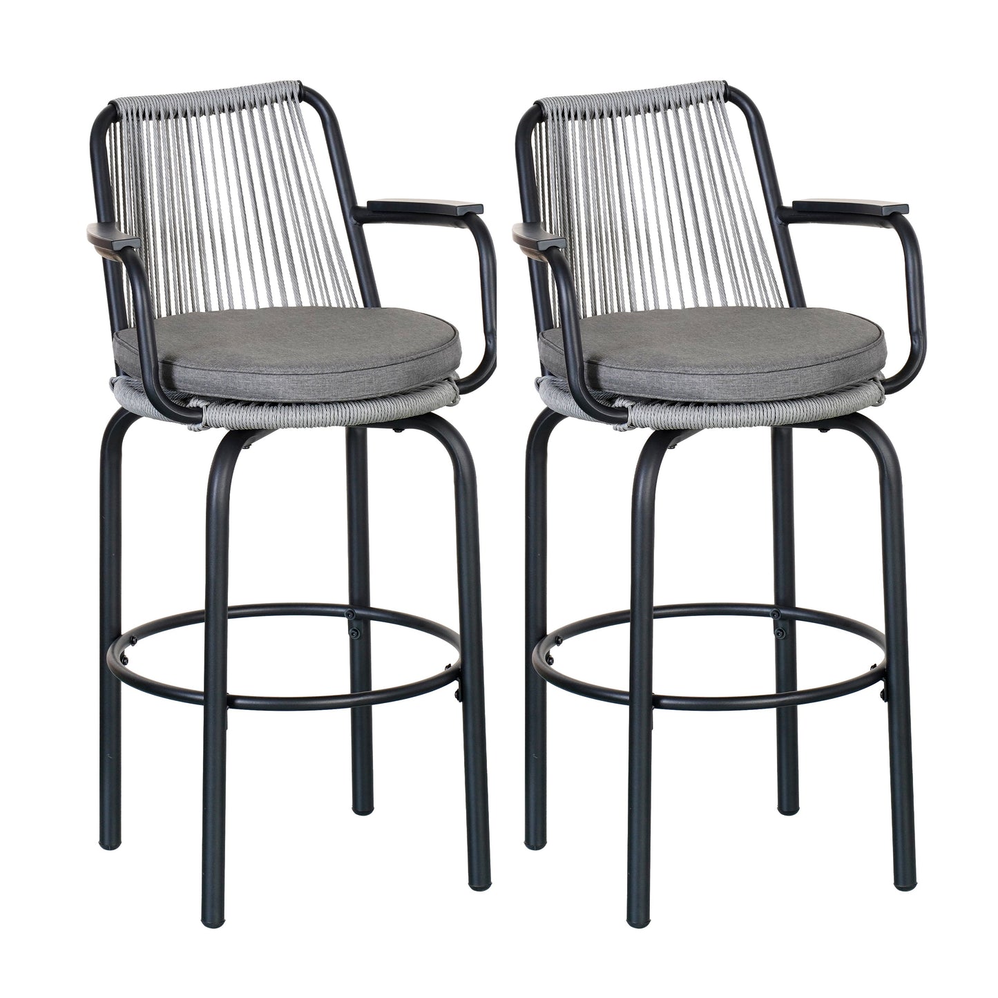 Outdoor Patio Bar Stools 29"H Set of 2, Modern Woven Rattan Rope Bar Height Chair