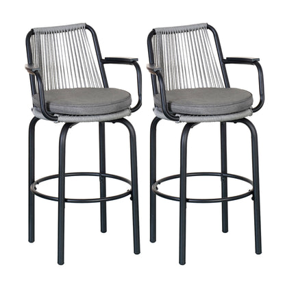 Outdoor Patio Bar Stools 29"H Set of 2, Modern Woven Rattan Rope Bar Height Chair