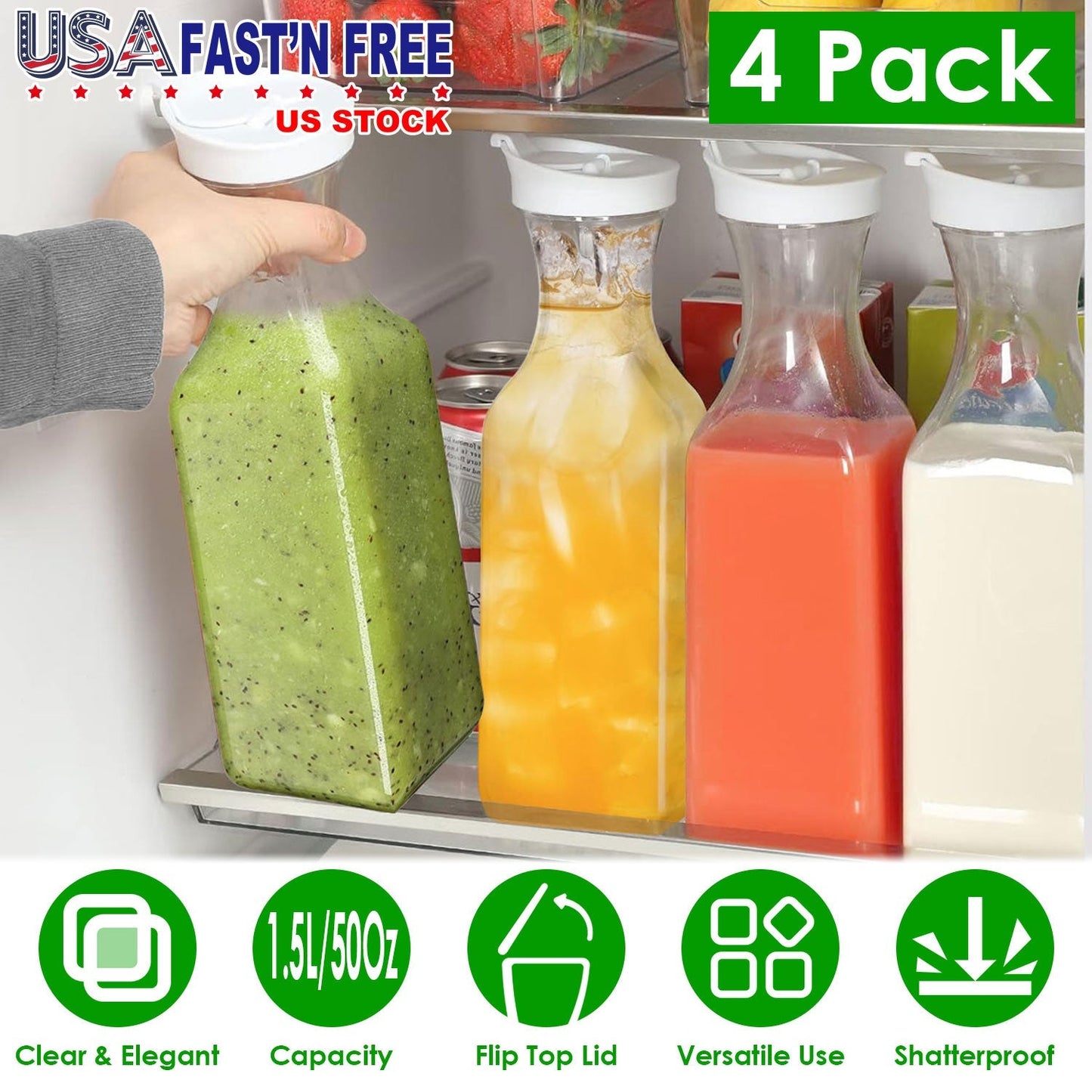 4 Pack 50Oz Water Carafes with Flip Top Lids Square Juice Containers for Fridge Plastic Clear Pitchers for Water Iced Tea Juice Lemonade Milk Cold Bre