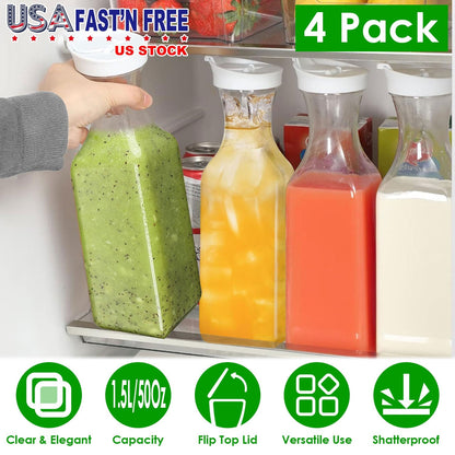 4 Pack 50Oz Water Carafes with Flip Top Lids Square Juice Containers for Fridge Plastic Clear Pitchers for Water Iced Tea Juice Lemonade Milk Cold Bre