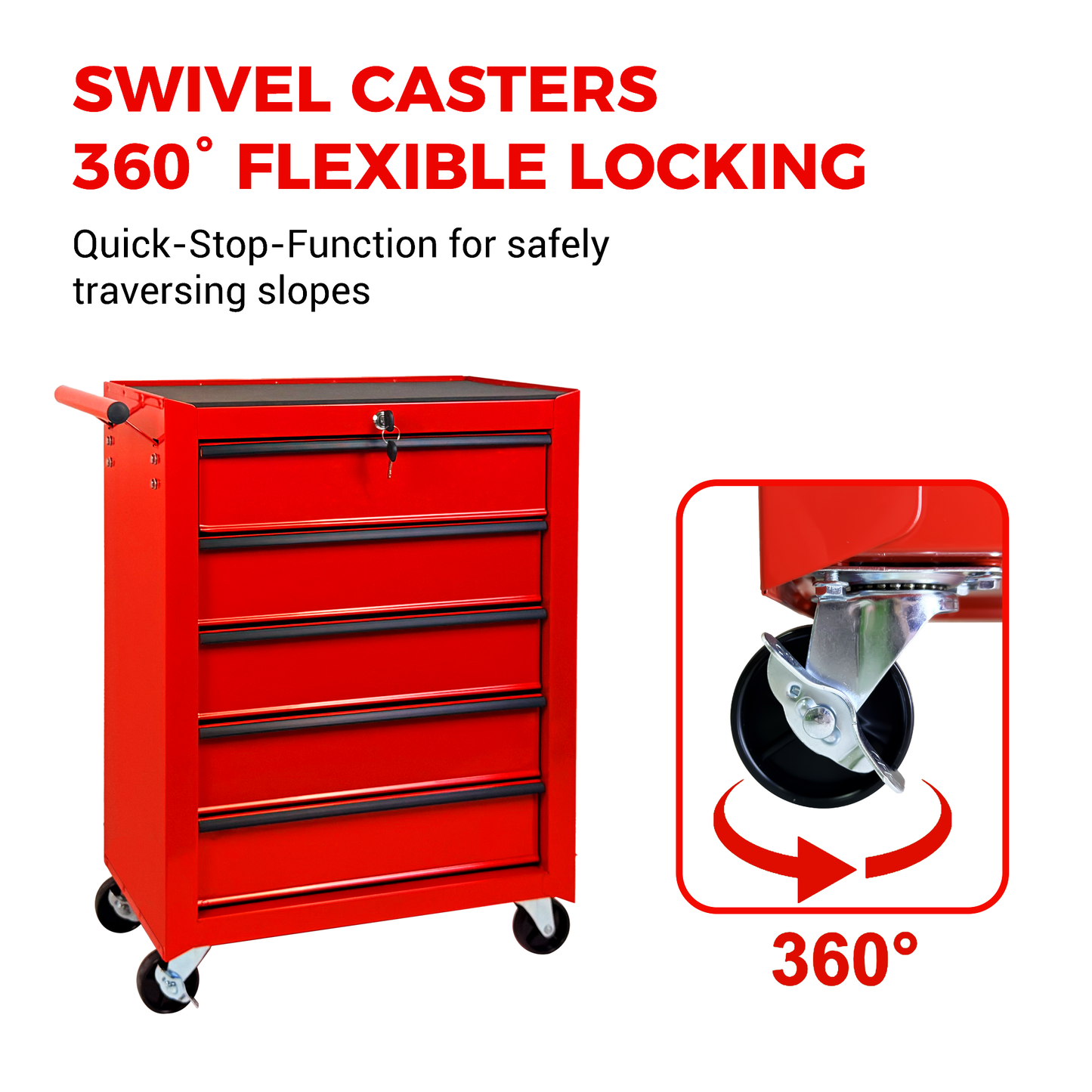 Rolling Metal Tool Chest with 5 Drawers, 20" Steel Cabinet - Red