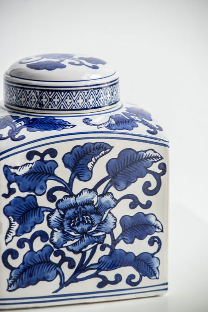5x5x8' Hand Painted Square Canister with Blue and White Floral Pattern