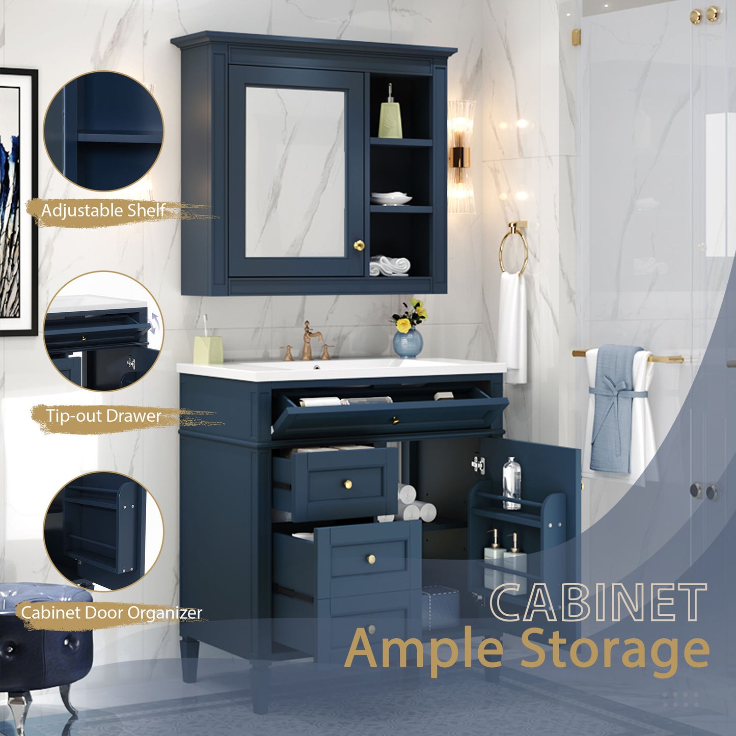 Bathroom Vanity With Medicine Cabinet, Royal Mirror Cabinet, Modern Bathroom Storage Cabinet With 2 Soft Closing Doors And 4 Drawers