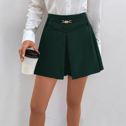 Womens A-line Solid-color Woven High-waist Shorts With Metal Buckles
