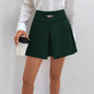 Womens A-line Solid-color Woven High-waist Shorts With Metal Buckles