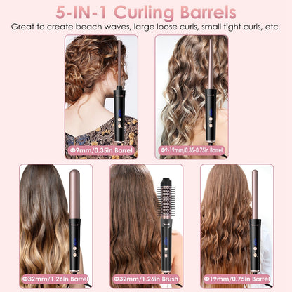 5 in 1 Curling Wand Hair Curling Iron Brush Hair Thermal Brush Curler with 4 Heating Levels 360¡ Rotatable Cable 5 Interchangeable Barrels 2 Clips Lea