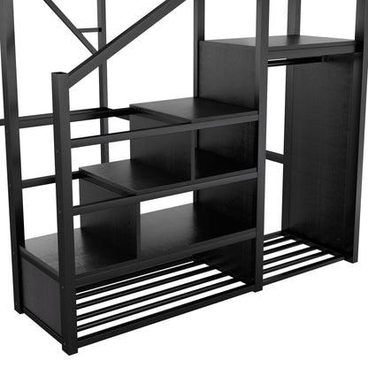 Queen Size Loft Bed With Stairs, Storage Shelves, Wardrobe - Black