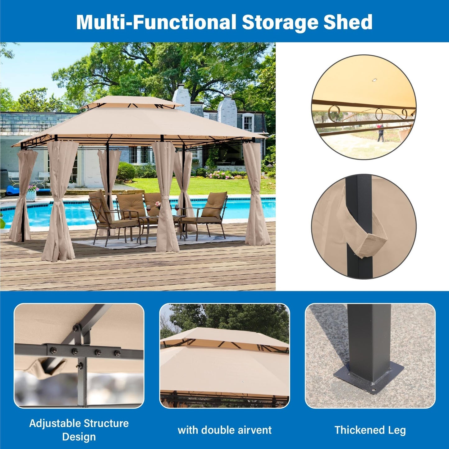 Khaki Outdoor Patio Gazebo Canopy Tent with Ventilated Double Roof