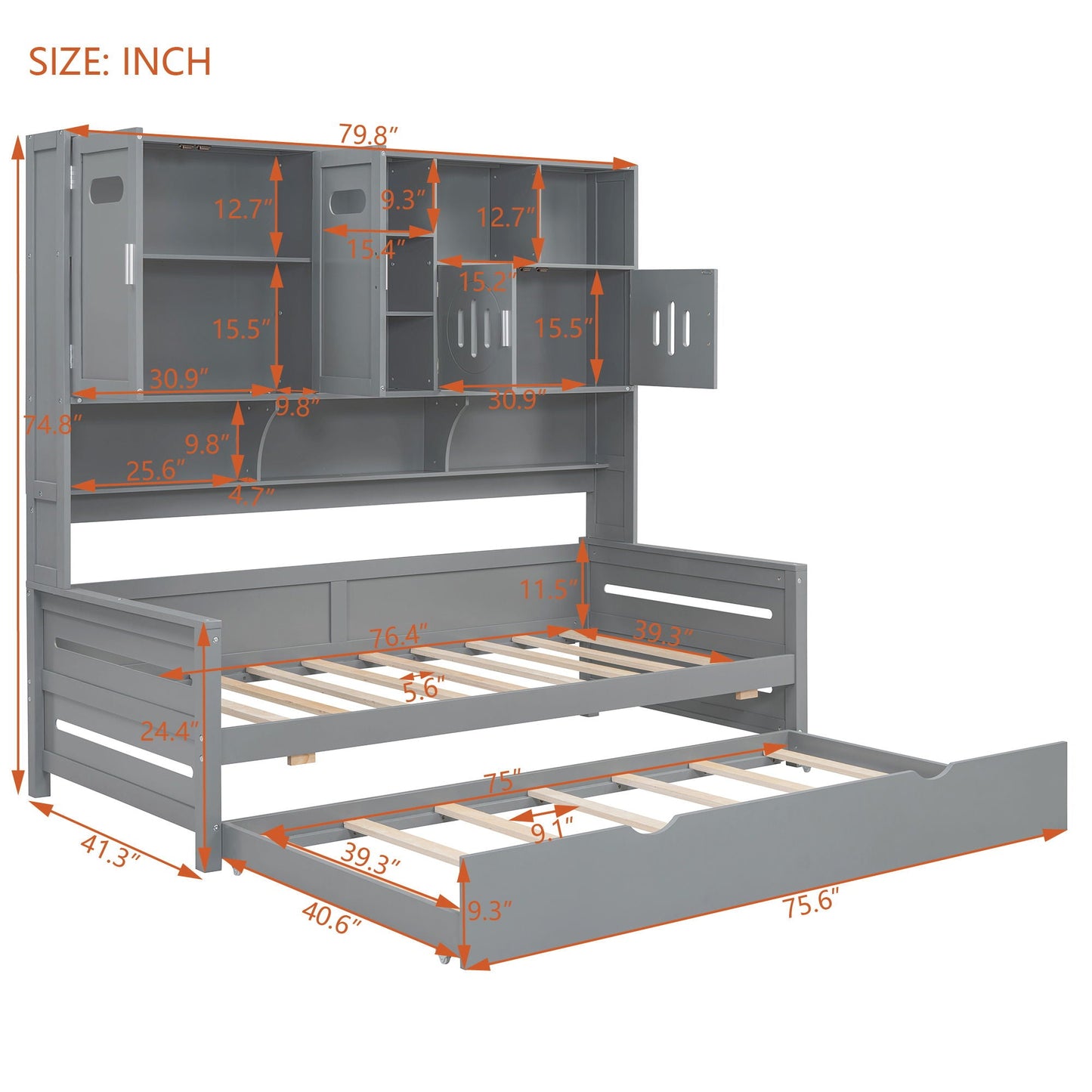 Daybed With All-In-One Cabinet And Shelf