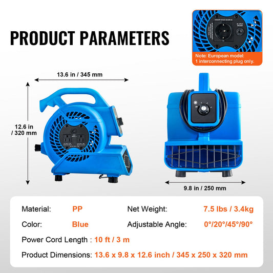 Floor Blower 1360 RPM 600 CFM Air Mover with 4 Blowing Angles 3-Speeds