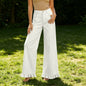 High-waisted Cotton-linen Wide-leg Pants With Ruffled Hem
