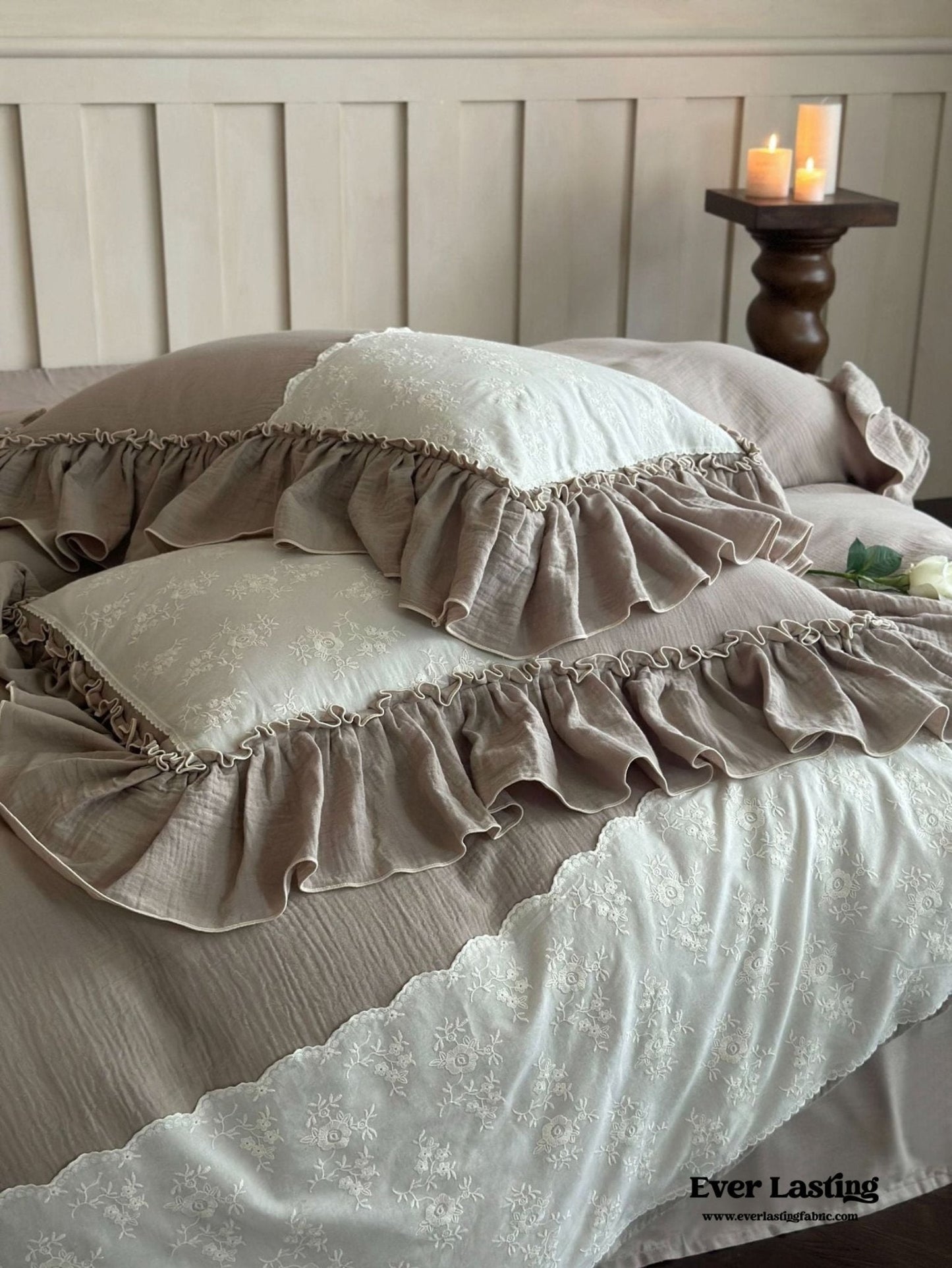 Celeste Soft Lace Embroidered Ruffle Bedding Set  / Coffee Brown
